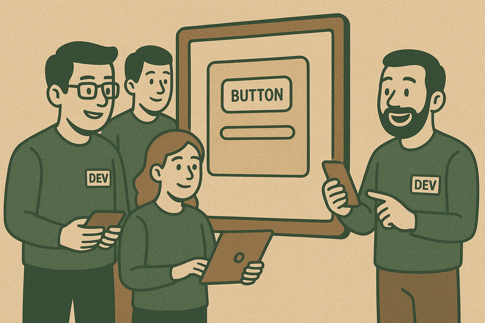 Four cartoon developers in green shirts work on devices, smiling. Background shows a large screen with "BUTTON." Tan and green tones.