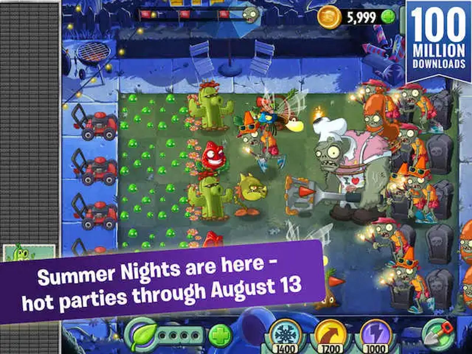 Cartoonish plants battle zombies at night in a colorful garden. Text reads "Summer Nights are here - hot parties through August 13."