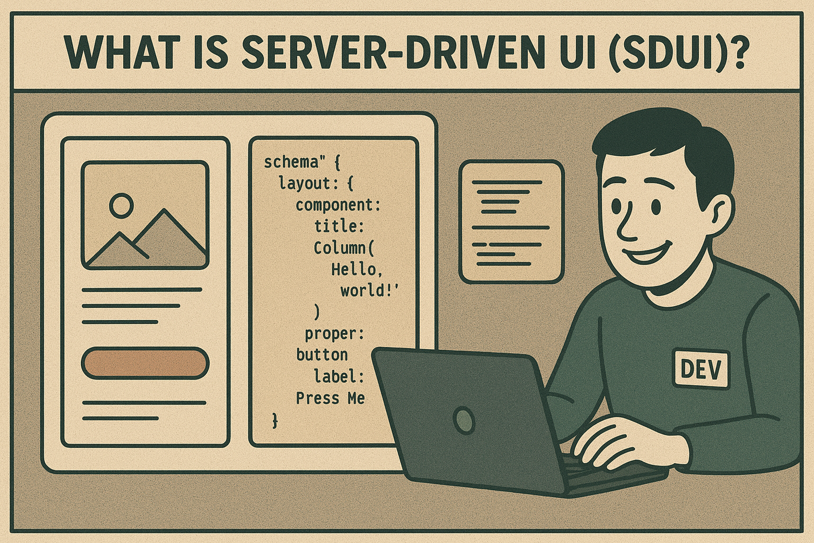 A smiling person labeled "DEV" works on a laptop. Text asks, "What is Server-Driven UI (SDUI)?" with a UI diagram and code snippet.