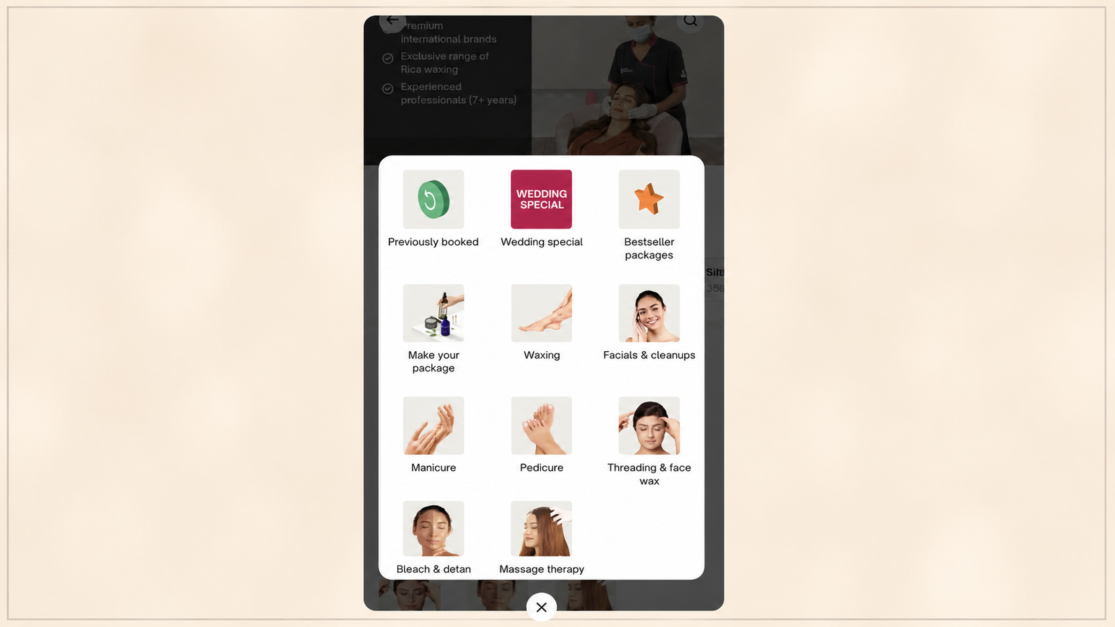 **Alt text:** Mobile beauty and wellness app showing a category selection modal with service options such as Previously Booked, Wedding Special, Bestseller Packages, Waxing, Facials & Cleanups, Manicure, Pedicure, Threading & Face Wax, Bleach & Detan, and Massage Therapy. The menu appears over a dimmed salon service screen, providing quick access to personalized beauty and grooming categories.