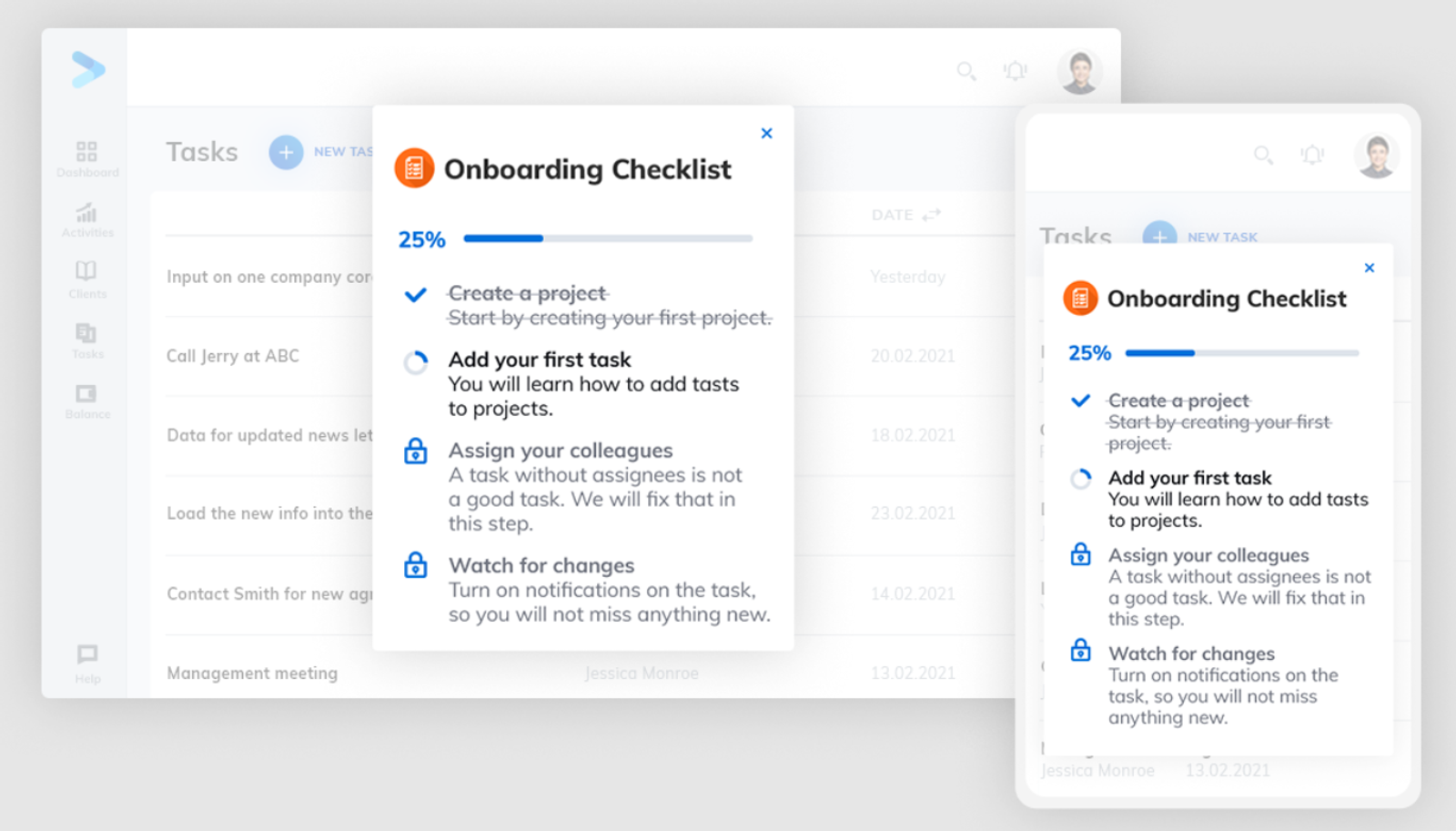 App interface with "Onboarding Checklist" at 25% progress. Tasks like adding first task, and assigning colleagues listed. Neutral tone.