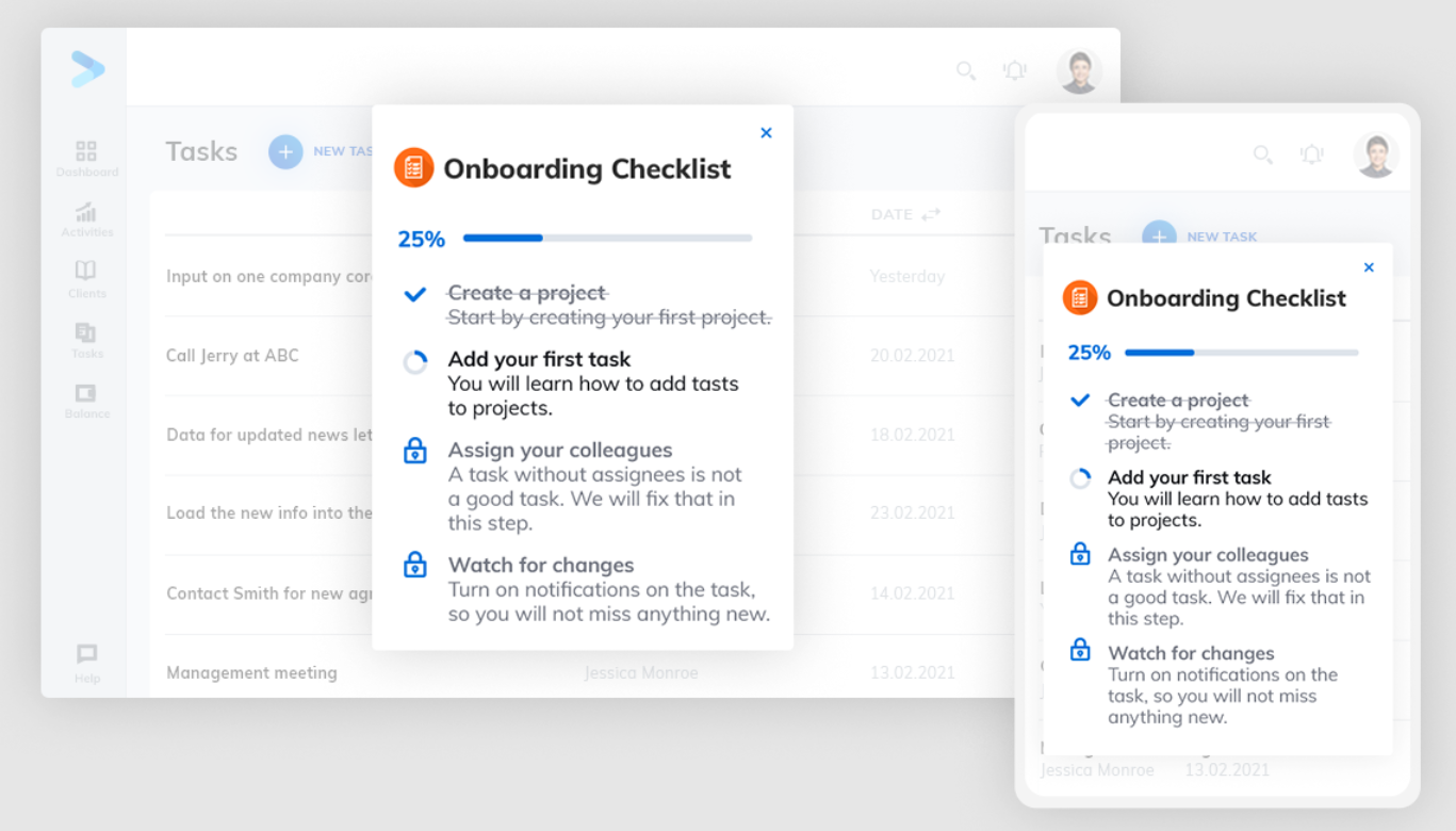 App interface with "Onboarding Checklist" at 25% progress. Tasks like adding first task, and assigning colleagues listed. Neutral tone.
