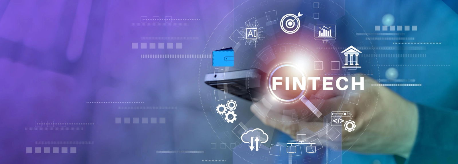 Fintech technology illustration featuring a smartphone, AI, banking, analytics, and cloud computing icons