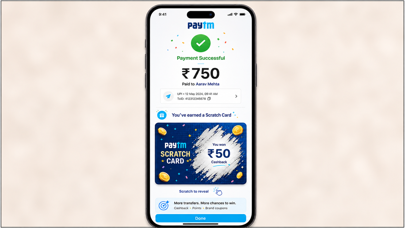 Paytm payment successful screen showing ₹750 paid via UPI, transaction details, and a ₹50 cashback scratch card reward.