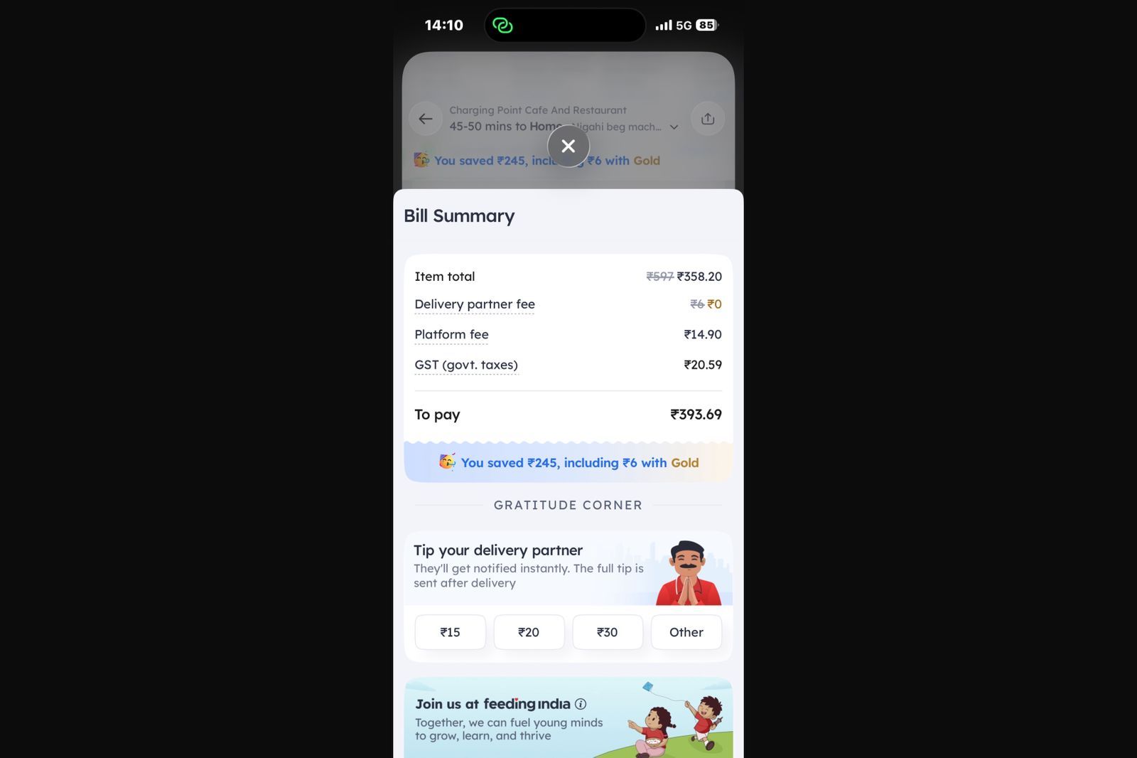 Zomato checkout screen displaying an inline Gold membership banner with delivery fee savings for the current order.