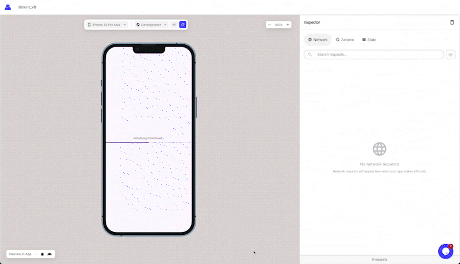 Mobile app preview of an e-commerce interface (BBLUNT) showing product listings, offers, and a search bar, alongside a network inspector panel displaying API requests and response times.