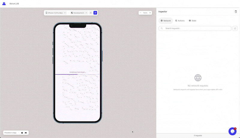 Mobile app preview of an e-commerce interface (BBLUNT) showing product listings, offers, and a search bar, alongside a network inspector panel displaying API requests and response times.