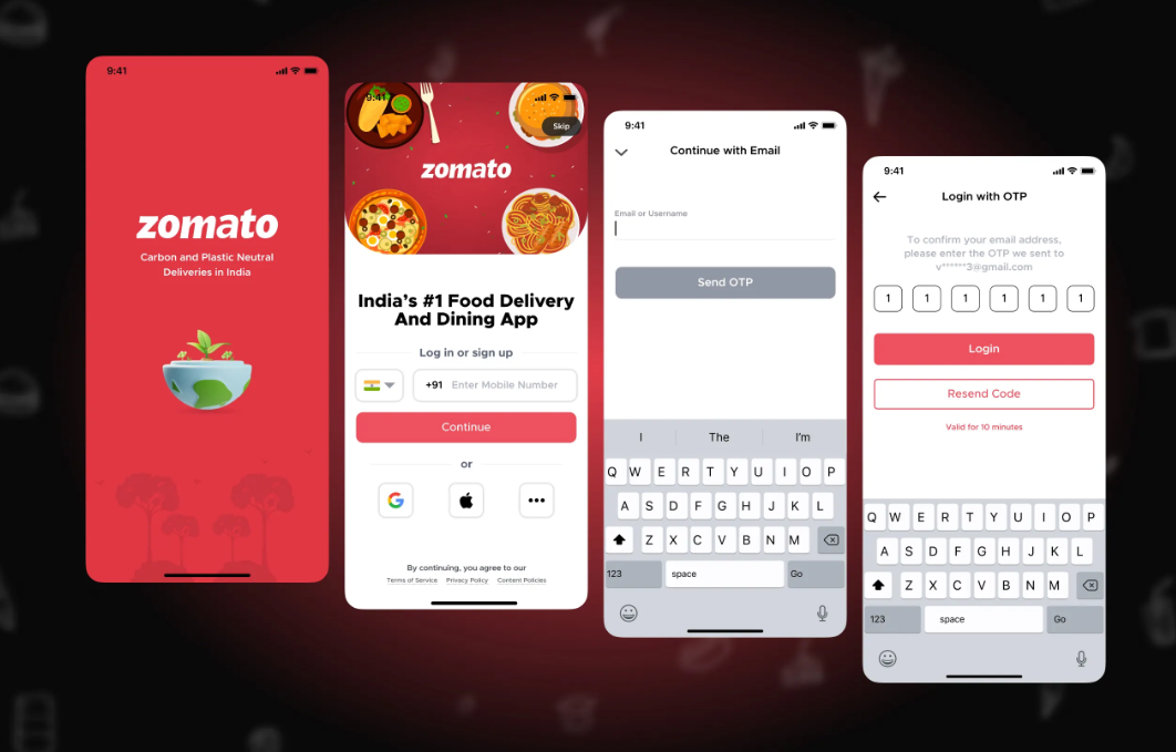 Four Zomato app screens: welcome, sign-up, email login, OTP entry. Red theme with food icons. Text includes login prompts and process info.