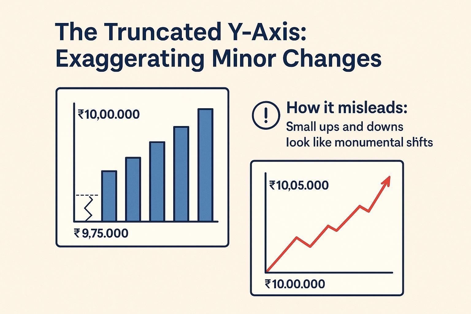 Bar and line graphs show minor changes exaggerated by a truncated Y-axis. Text warns about misleading visuals. Blue and red elements.