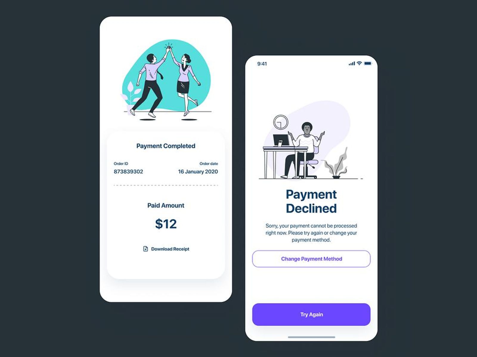 Mobile payment interface showing two app states: a successful payment confirmation with receipt details and a failed payment screen prompting the user to retry or change the payment method.