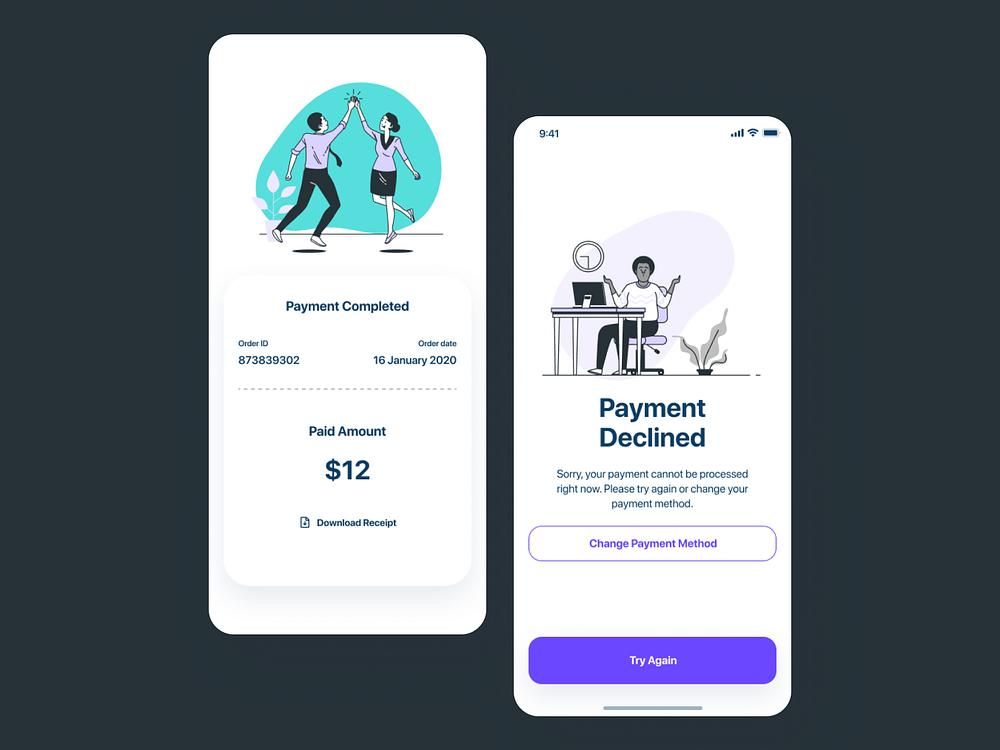 Mobile payment interface showing two app states: a successful payment confirmation with receipt details and a failed payment screen prompting the user to retry or change the payment method.