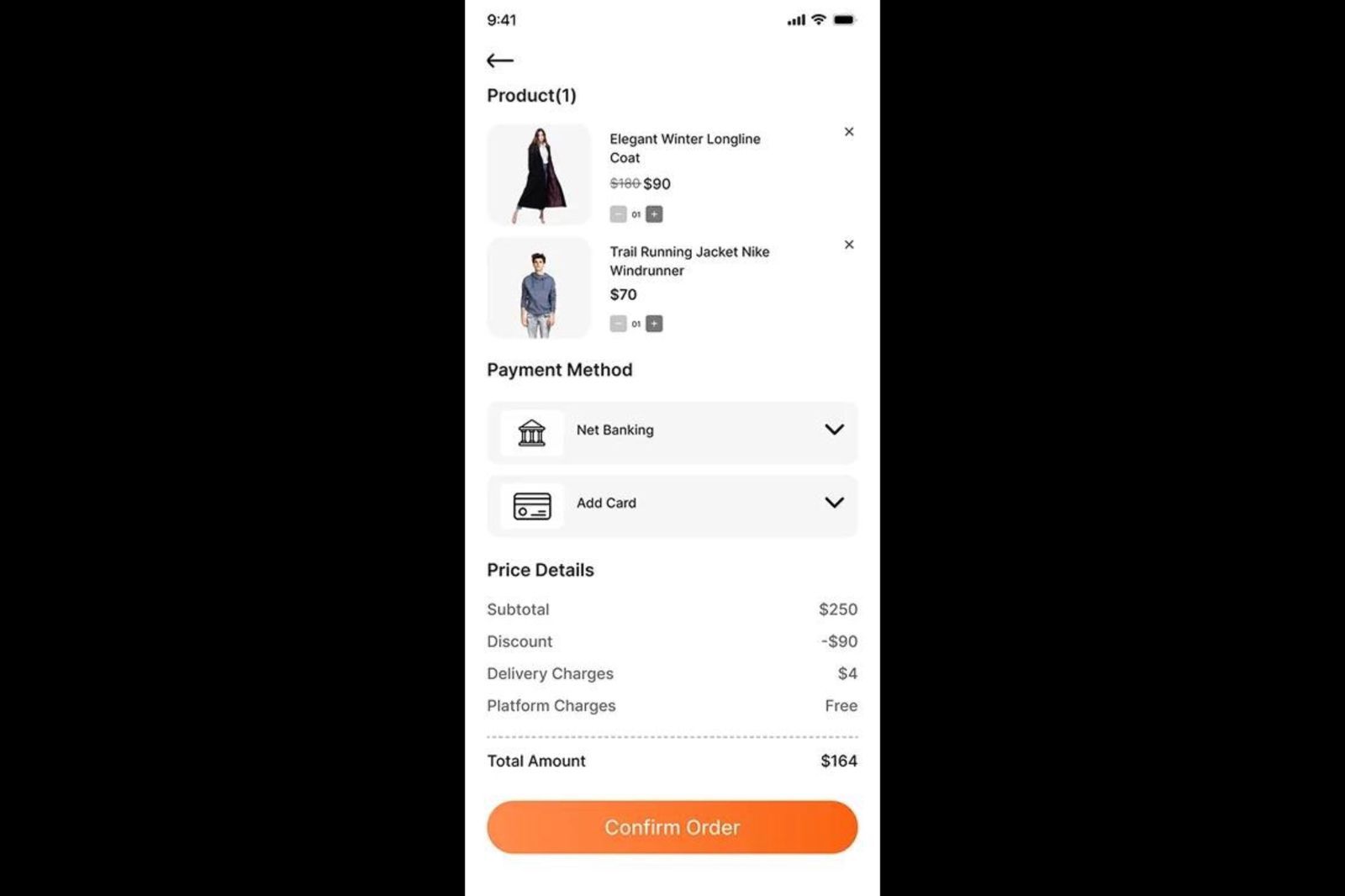 Mobile ecommerce checkout screen showing cart items and payment flow.