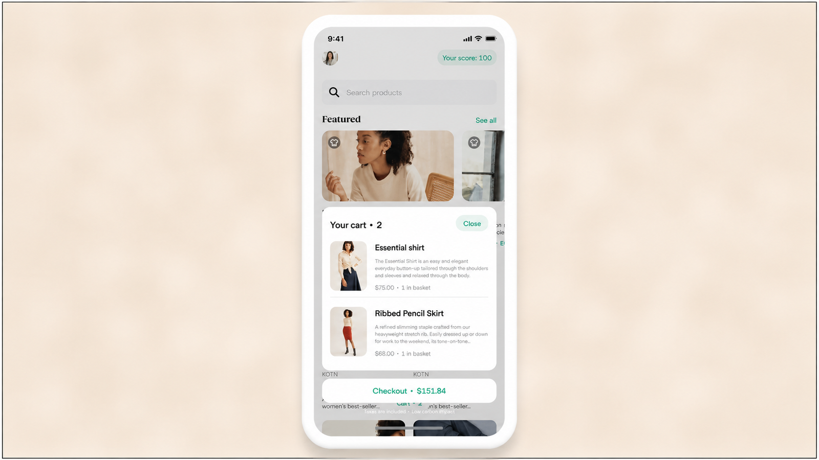 Mobile e-commerce app interface showing a shopping cart overlay with two items, Essential Shirt and Ribbed Pencil Skirt, product details, prices, a $151.84 checkout total, featured products, search, and a user score of 100.