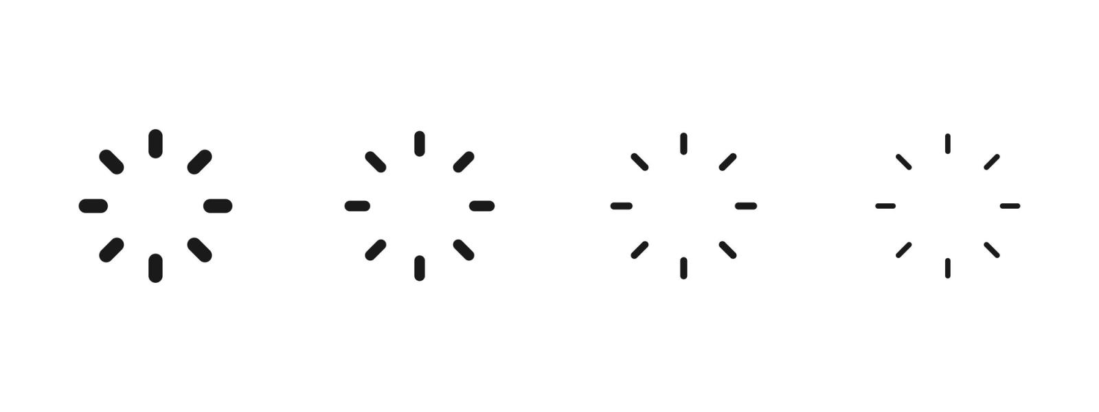 Four black loading icons in a row on a white background, each with a circular pattern of bars and dots, conveying a sense of waiting.