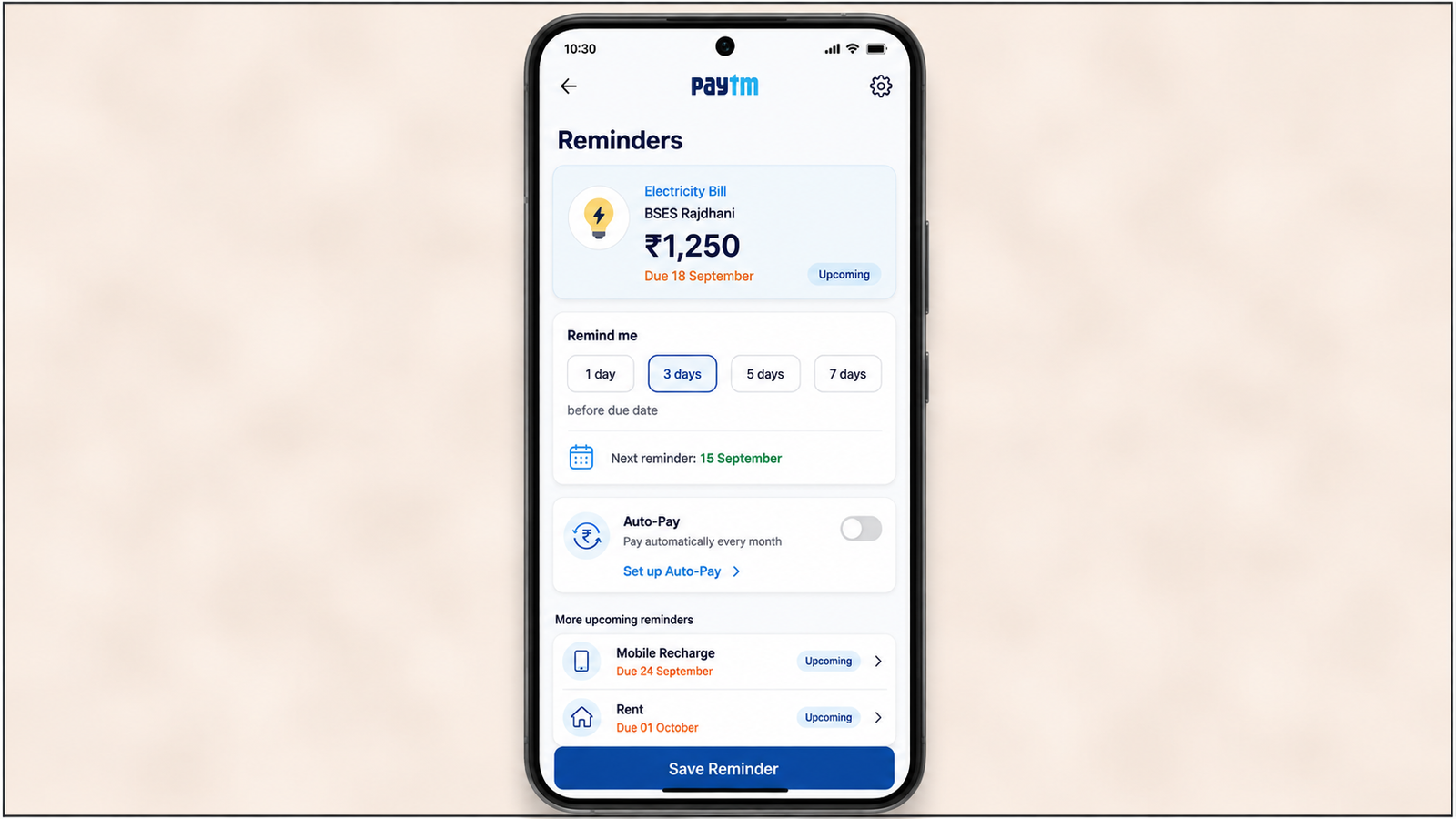 Paytm bill payment reminder screen showing a ₹1,250 electricity bill, customizable reminder timing, Auto-Pay option, upcoming mobile recharge and rent reminders, and a Save Reminder button.