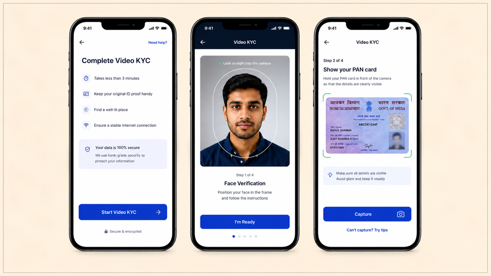 Three mobile app screens illustrating a secure Video KYC onboarding flow. The first screen introduces the KYC process with preparation tips, security reassurance, and a prominent "Start Video KYC" button. The second screen shows live face verification with a camera frame guiding the user to align their face for identity confirmation. The third screen demonstrates PAN card verification, instructing the user to position their ID within the camera frame before capturing it. The sequence highlights a simple, guided, and secure digital identity verification experience.