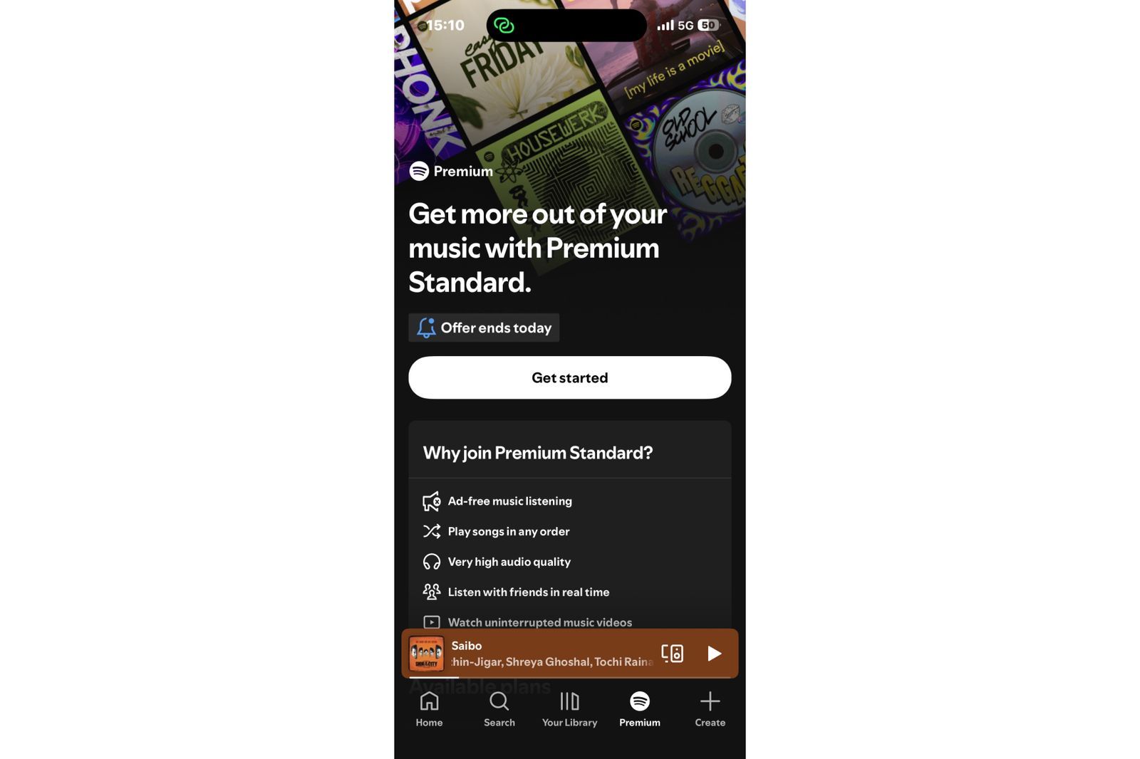 Spotify Premium subscription page highlighting ad-free listening, playback control, and high-quality audio benefits available with a paid plan.
