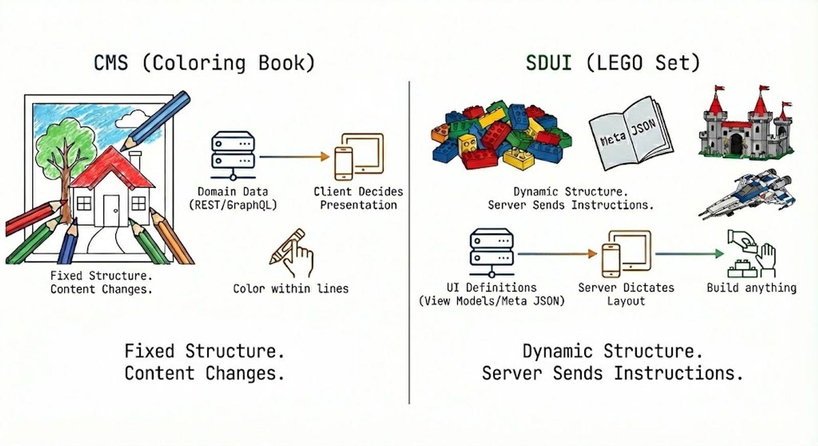 Diagram comparing CMS to a coloring book with fixed structure versus server-driven UI to a LEGO set with dynamic structure controlled by the server