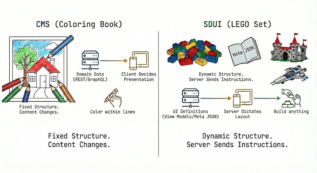 Diagram comparing CMS to a coloring book with fixed structure versus server-driven UI to a LEGO set with dynamic structure controlled by the server