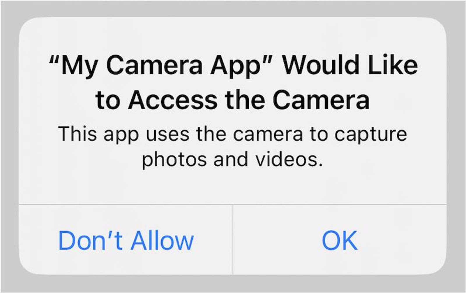 iOS-style permission popup asking for camera access, with “Don’t Allow” and “OK” action buttons.