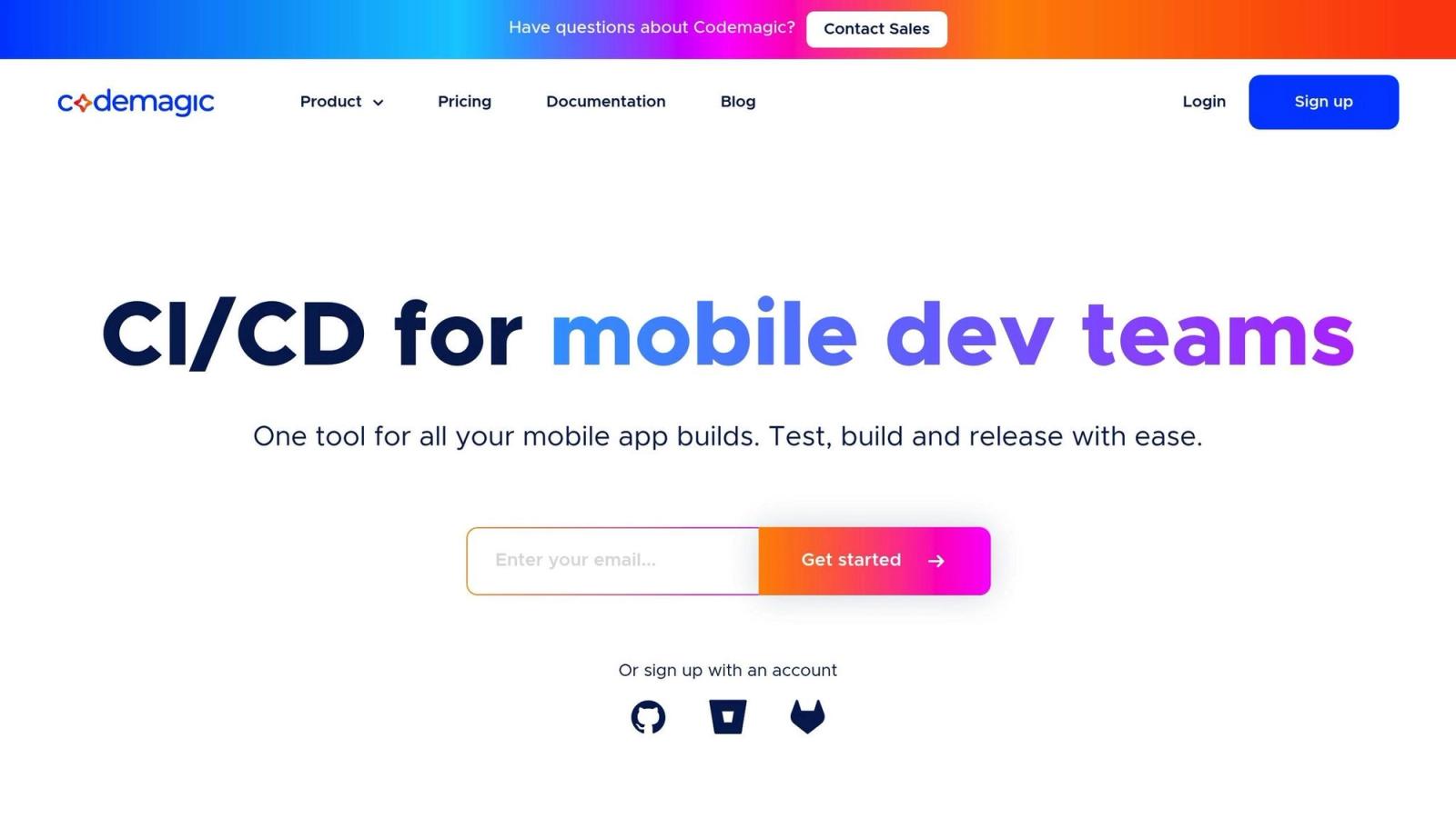 Homepage of Codemagic showing “CI/CD for mobile dev teams” headline, a brief description about building and releasing apps, and an email signup field with a “Get started” button.
