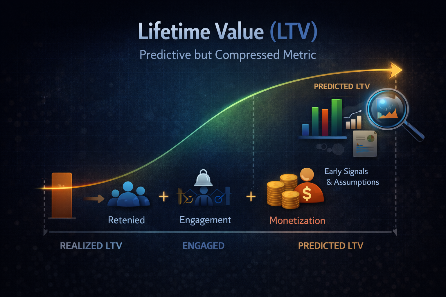 Graph illustrating Lifetime Value (LTV) process: Retention, Engagement, Monetization. Features icons, charts, and a growth curve on a dark background.