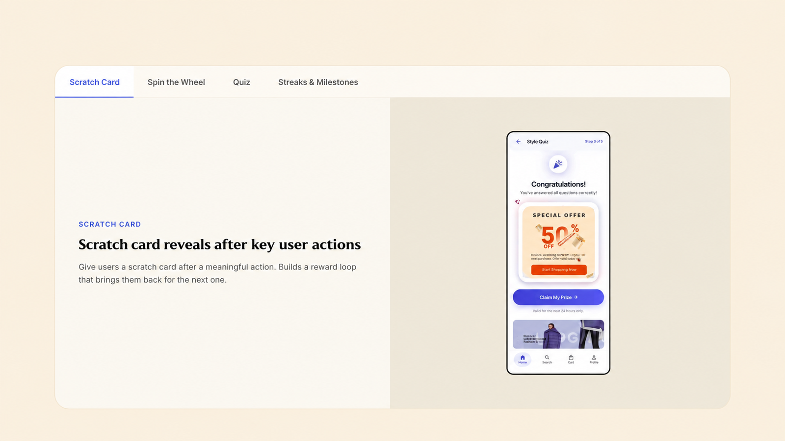 Native in-app gamification formats including scratch cards, spin wheels, quizzes and streaks.