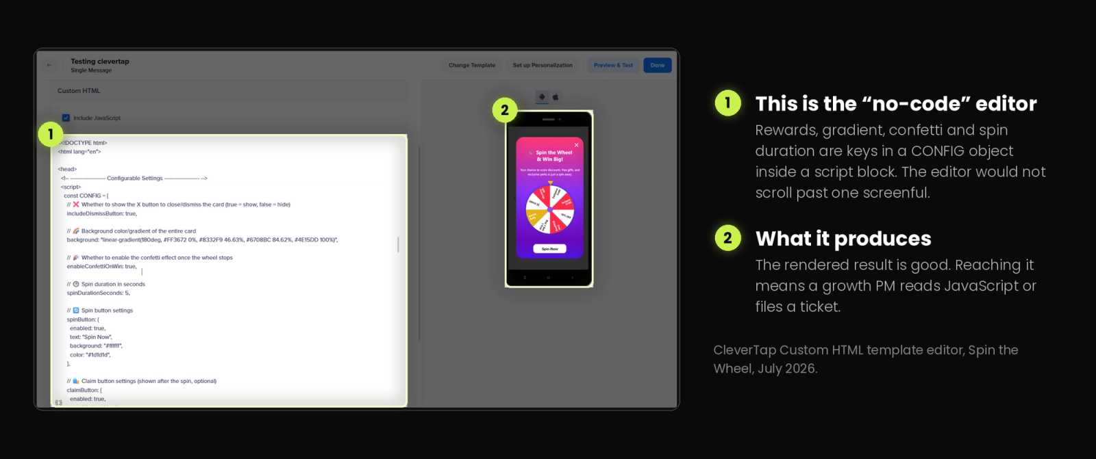 CleverTap in-dashboard code editor showing the CONFIG object inside a script block for a gamified in-app template