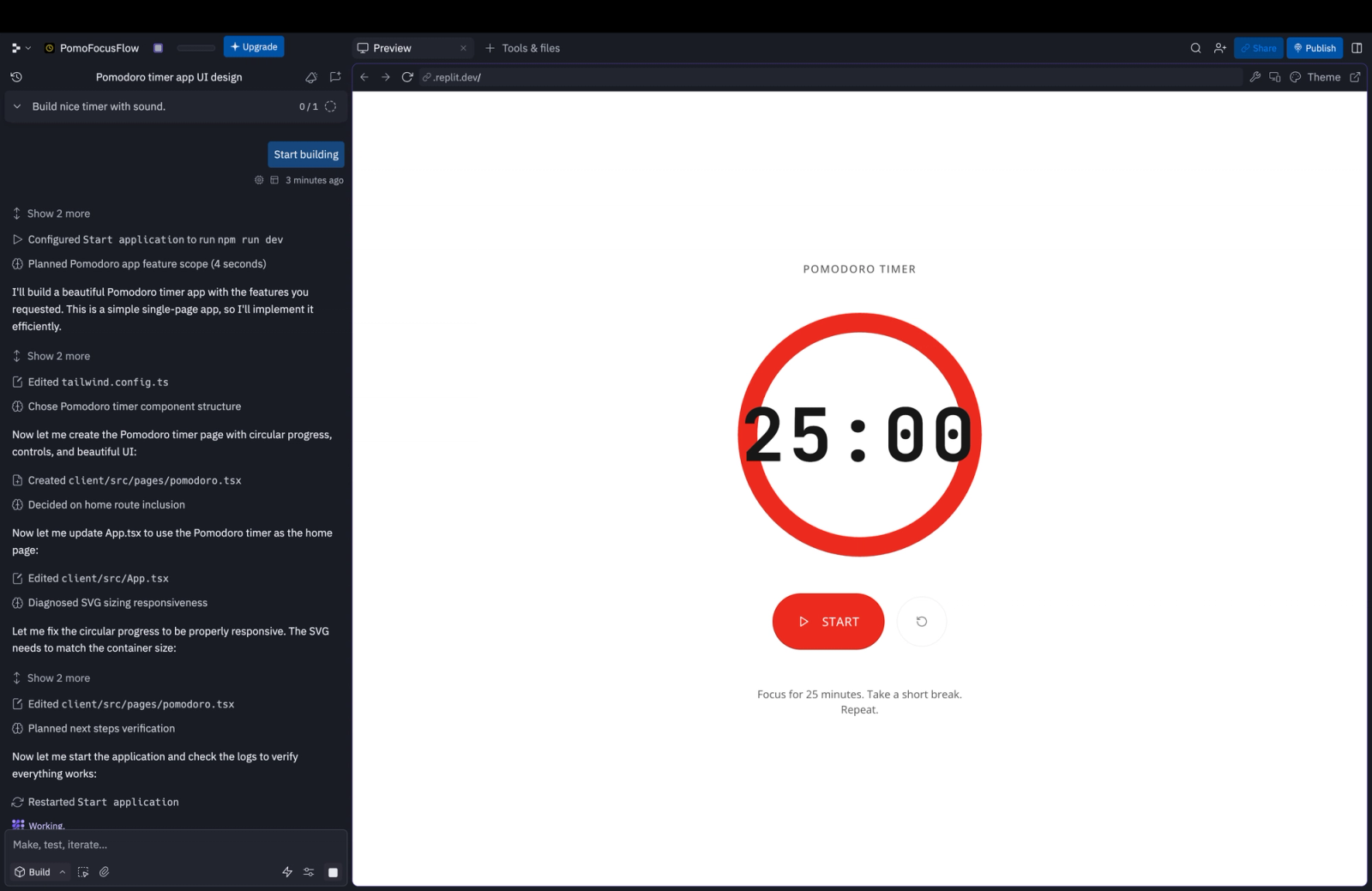 Development interface showing a Pomodoro timer app with a circular progress ring, “25:00” timer, start button, and a sidebar displaying build steps and project updates.