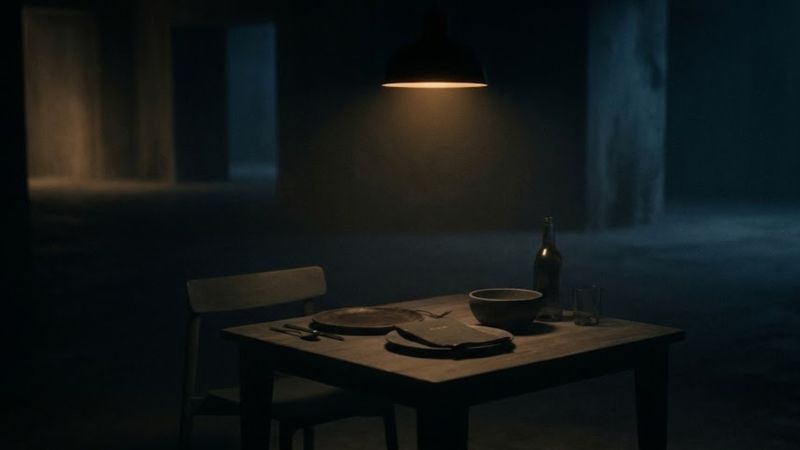 A single dark minimalist pendant lamp hangs directly over a solitary wooden table, casting a soft, dim pool of warm amber light over an empty plate, bowl, glass, and a folded menu. The surrounding environment is enveloped in heavy, desaturated shadows of deep charcoal and midnight blue, suggesting a vast, quiet, and slightly melancholic space. The image has a rich film grain texture and a soft-focus lens effect, evoking a restrained and contemplative atmosphere without any modern technology.