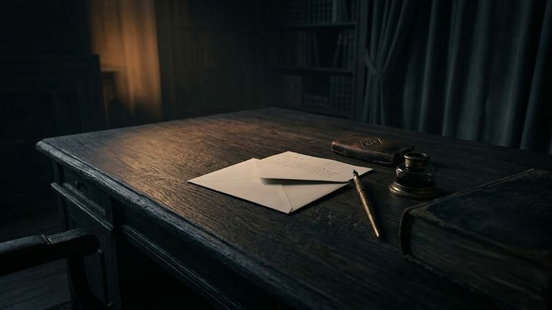 A dark, minimalist scene showing a glowing, arched doorway with a shadowy figure standing inside, partially reflected on a glossy floor, creating a mysterious and atmospheric mood.