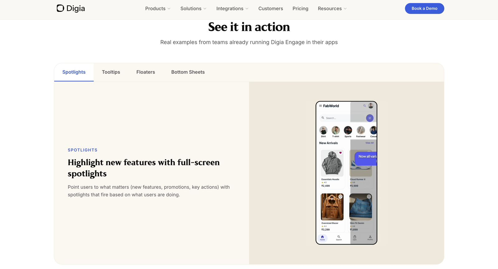 Digia in-app engagement example showing full-screen spotlight feature on mobile UI