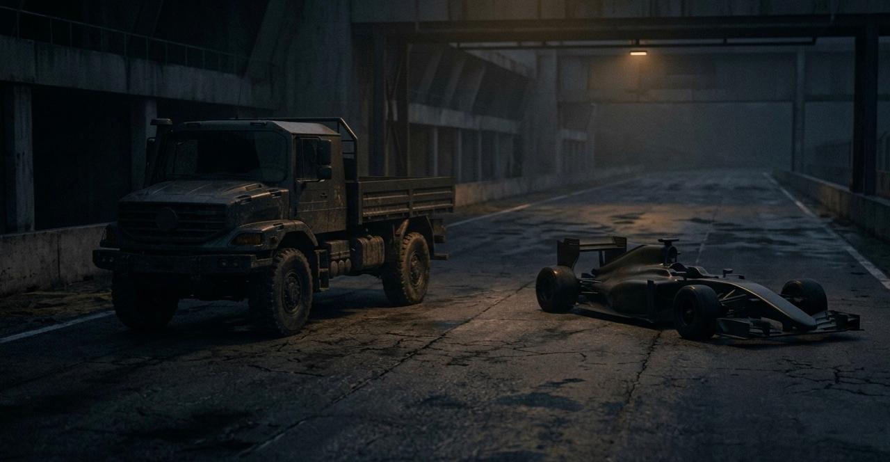 Heavy truck vs Formula race car illustrating speed vs flexibility tradeoff in mobile testing frameworks