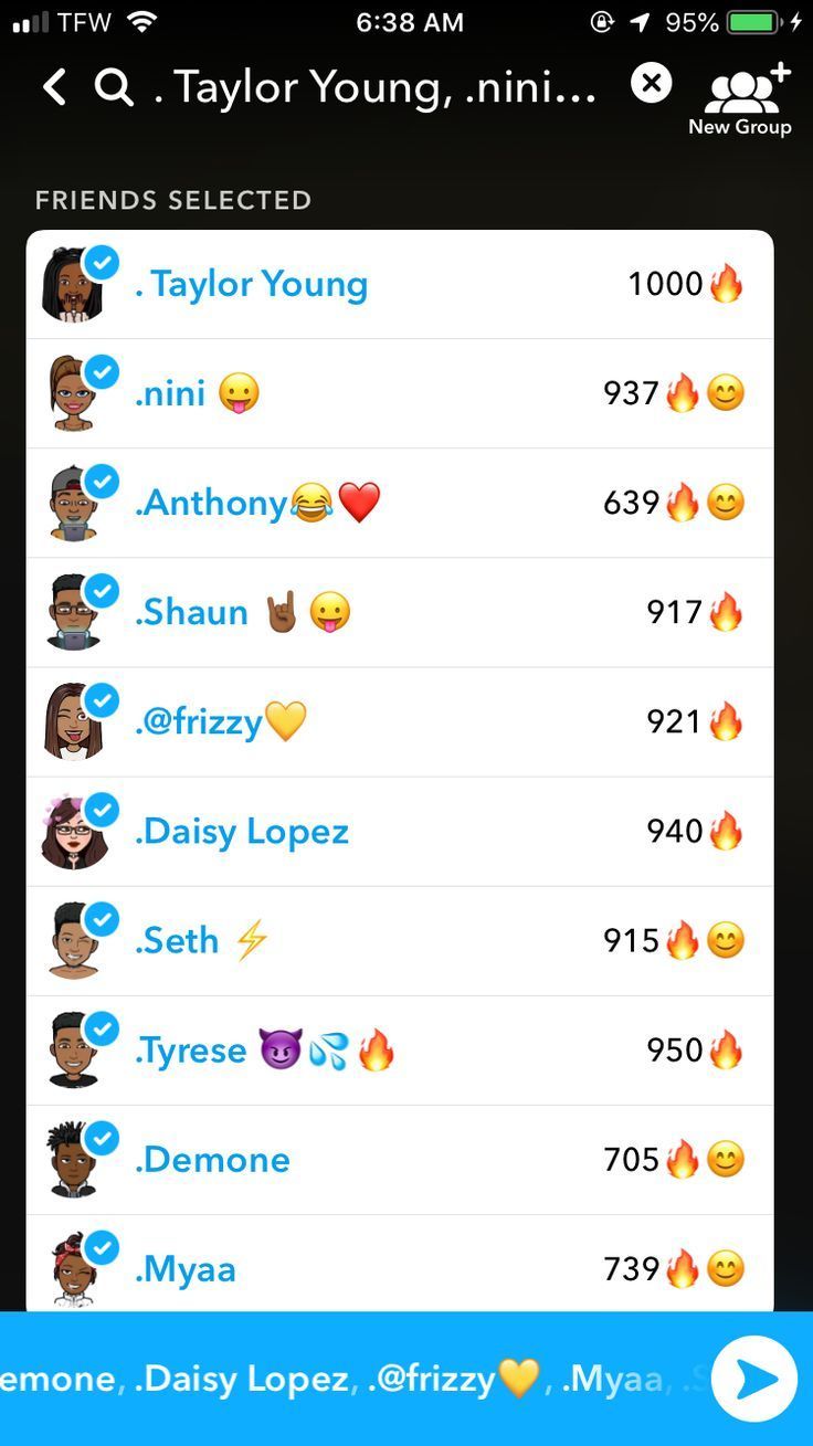 Snapchat screenshot showing a friends list with emojis and snap streaks next to names. The background is black and the top shows time and battery.