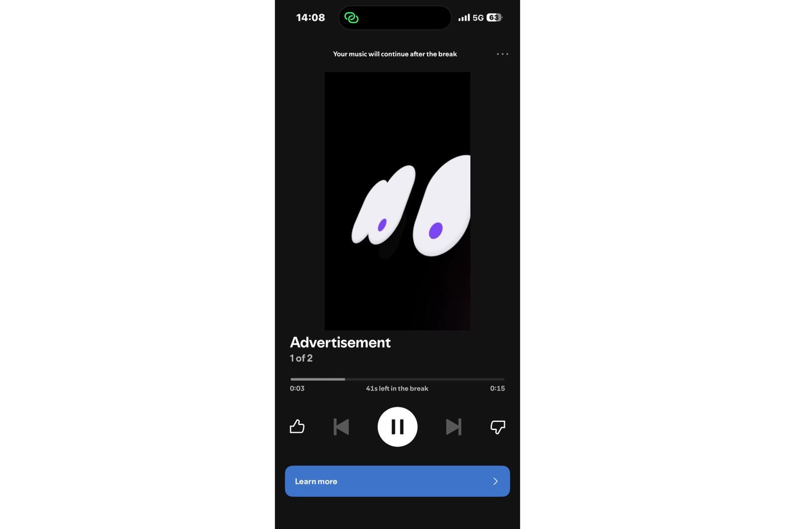 Spotify advertisement interrupting a music listening session on the free tier before playback resumes.
