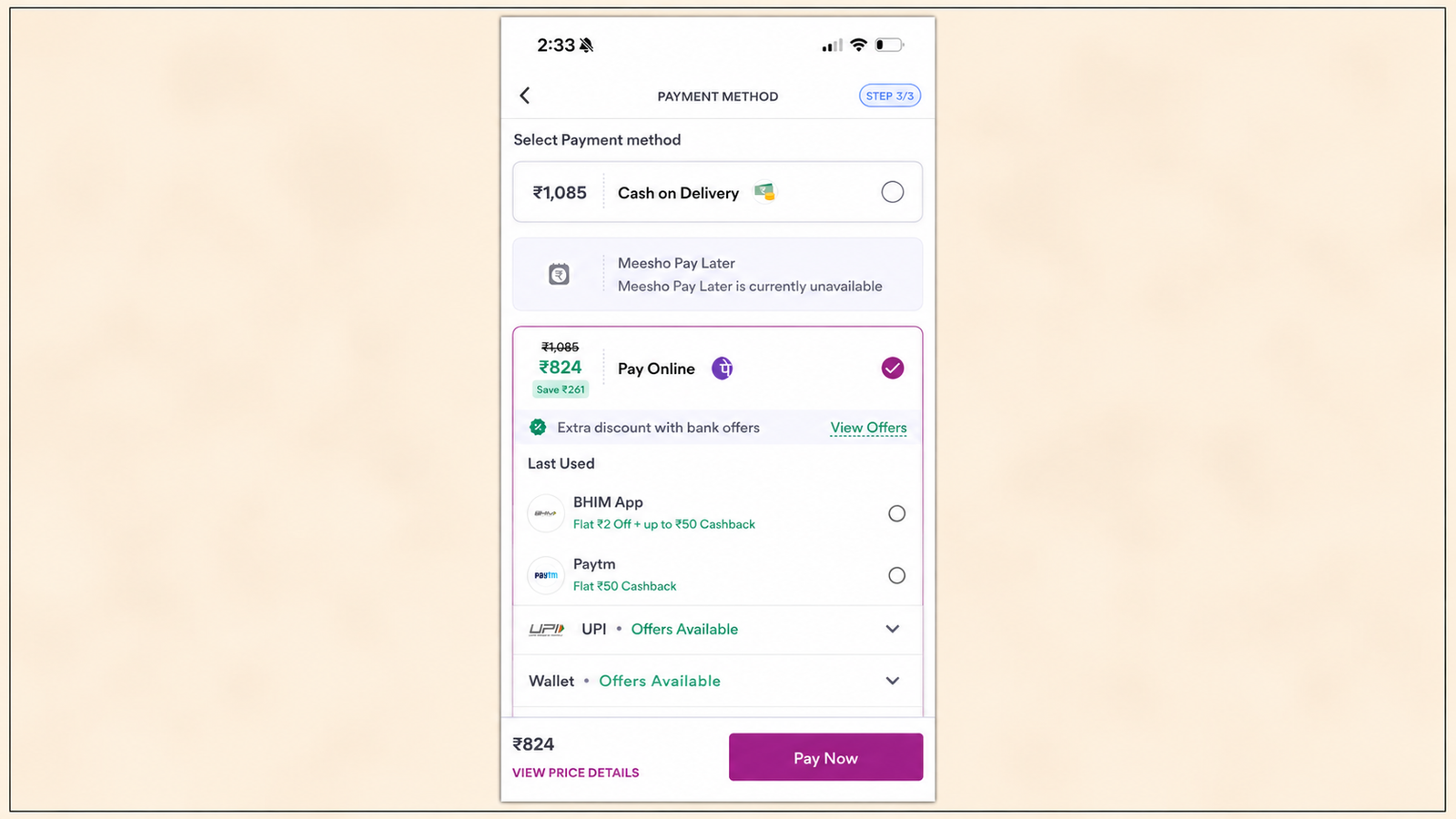 A mobile checkout payment screen displaying multiple payment options during the final step of purchase. The interface highlights a discounted "Pay Online" option with savings, cashback offers, UPI and wallet payment methods, alongside a Cash on Delivery option. Promotional bank offers, recently used payment apps, and a prominent "Pay Now" button are displayed, illustrating how contextual discounts and payment incentives encourage users to complete their purchase digitally.