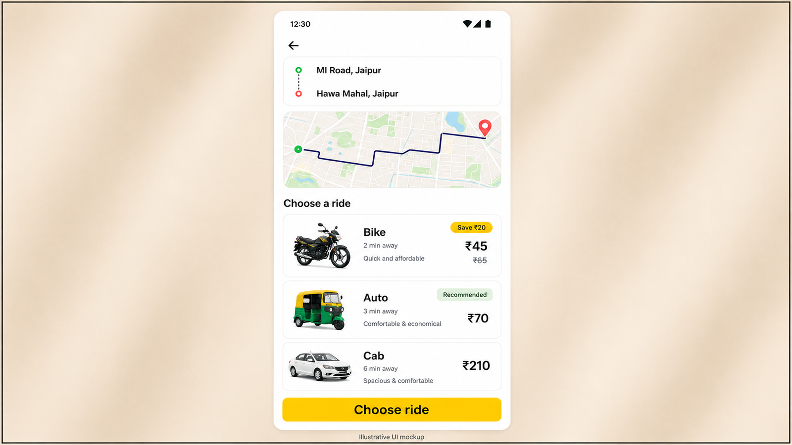 Ride-hailing app interface showing a route from MI Road to Hawa Mahal in Jaipur, with map directions and Bike, Auto, and Cab ride options with fares and a “Choose ride” button.