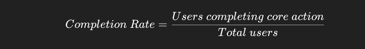 White equation text on a black background. "Completion Rate = Users completing core action / Total users."