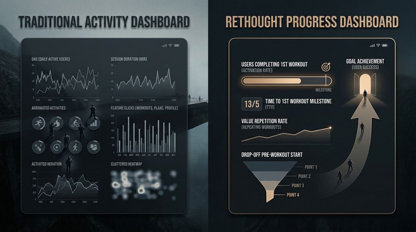Split image compares dashboards: Traditional Activity with graphs and icons, Retought Progress with simplified metrics and goal icon, dark theme.