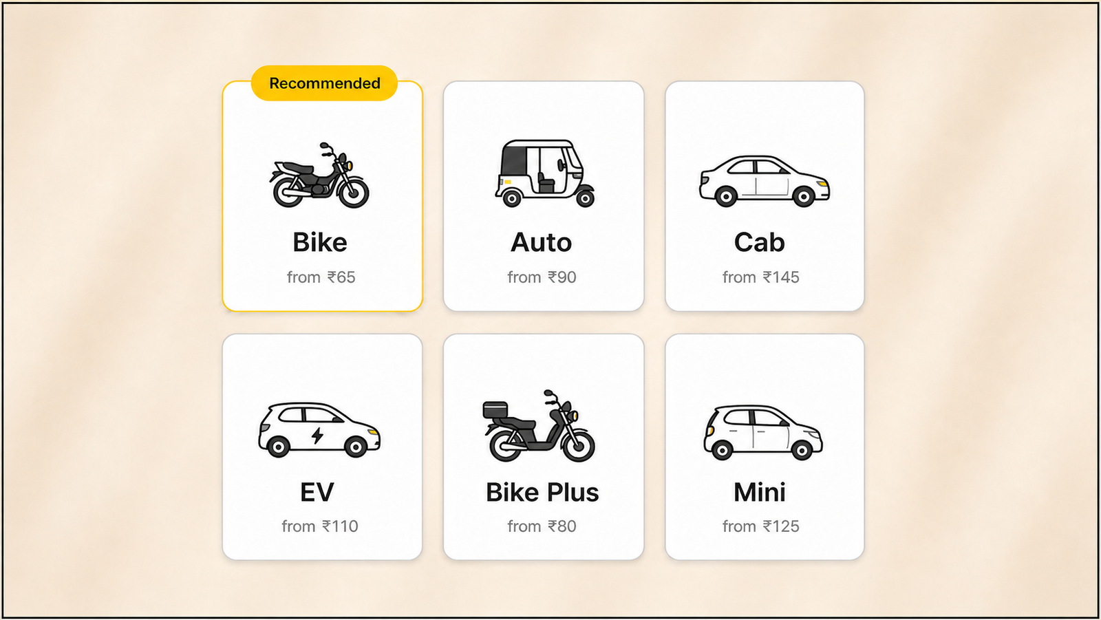 Ride-hailing app vehicle selection screen showing Bike, Auto, Cab, EV, Bike Plus, and Mini options with ₹65 starting fares and Bike marked as recommended.
