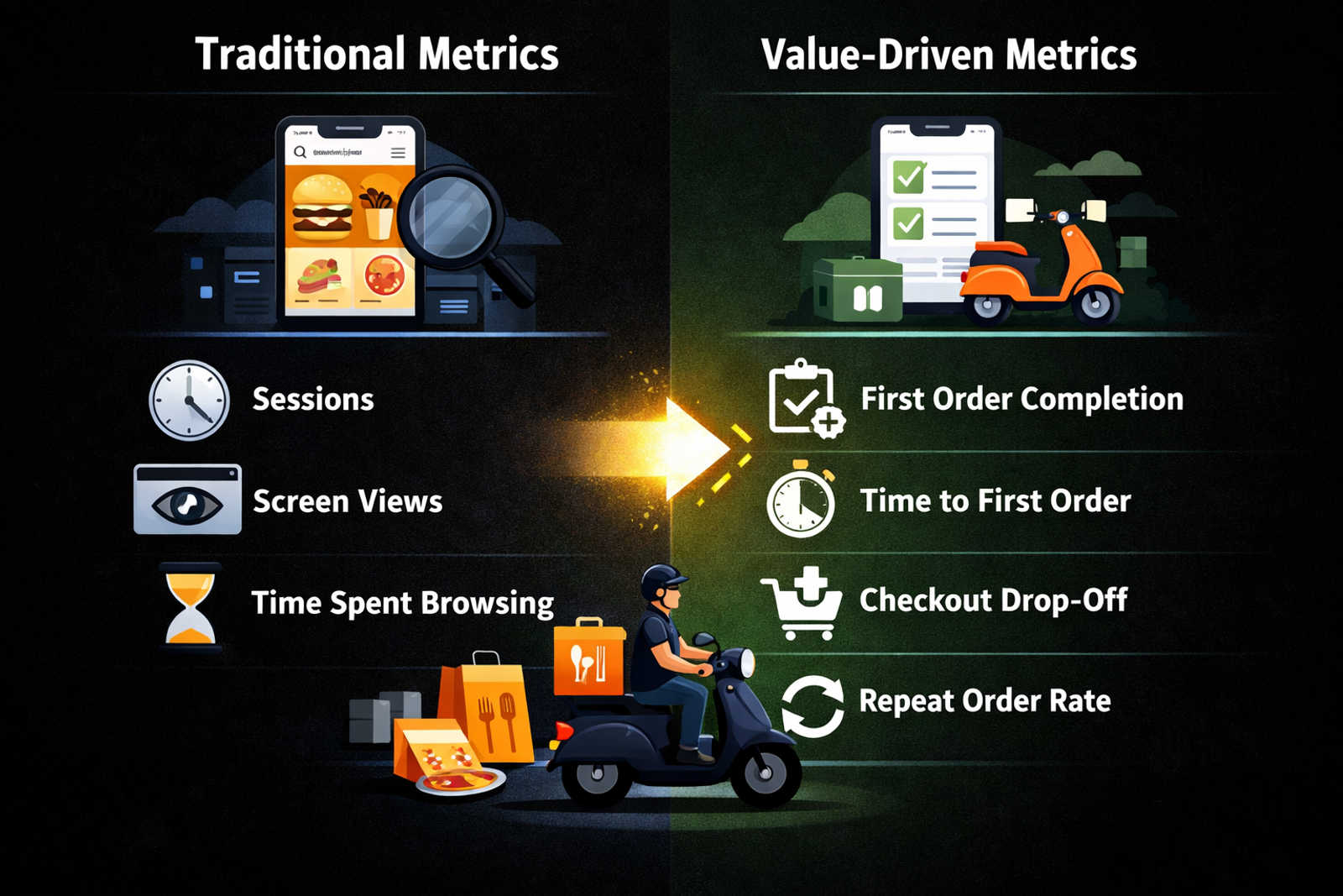 Side-by-side infographic: Traditional Metrics vs. Value-Driven Metrics with icons, a delivery scooter, and highlighted goals; dark background.