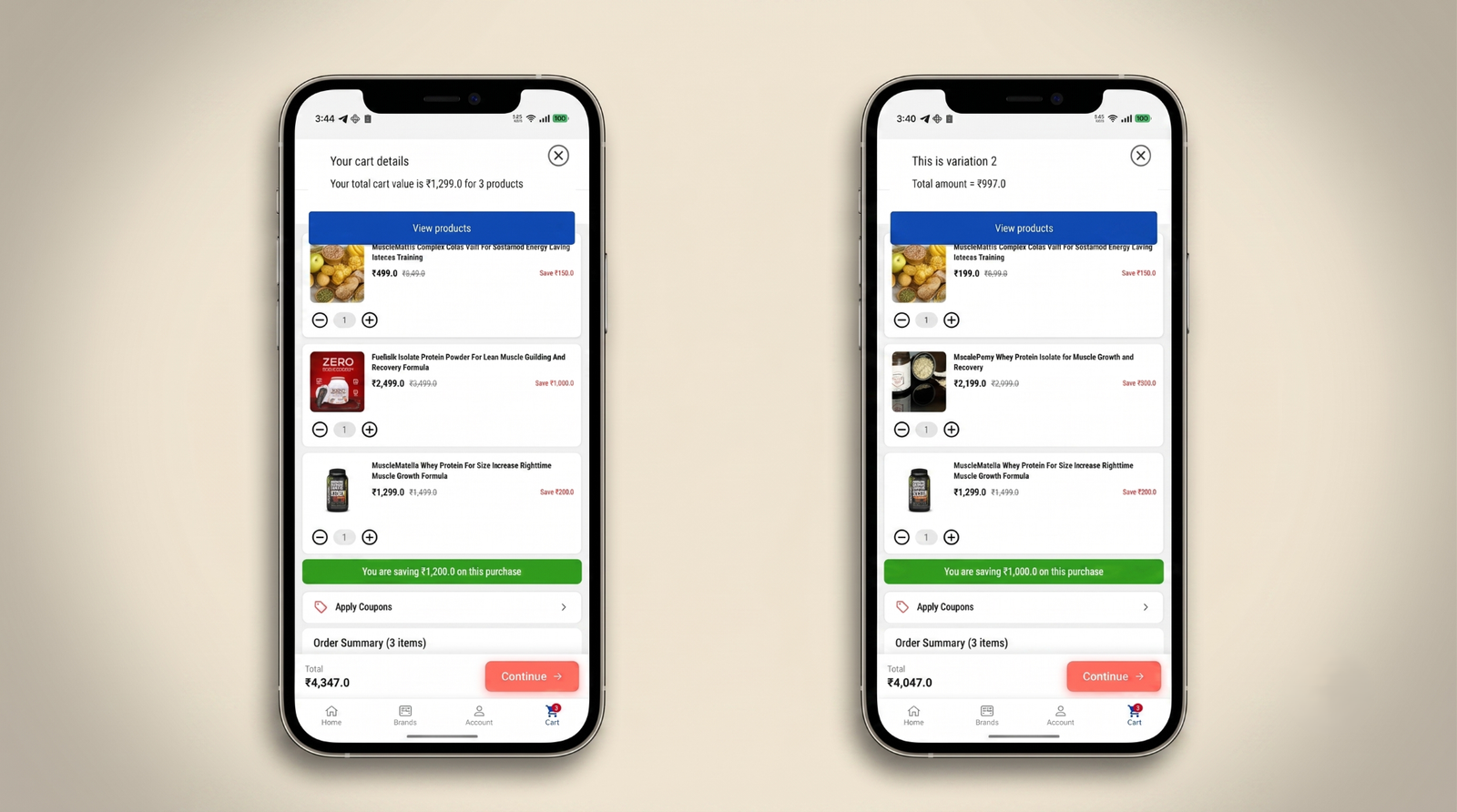 Image of the A/B variations of the campaign