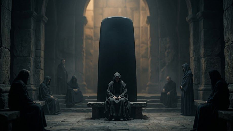 A dark, minimalist scene showing a glowing, arched doorway with a shadowy figure standing inside, partially reflected on a glossy floor, creating a mysterious and atmospheric mood.