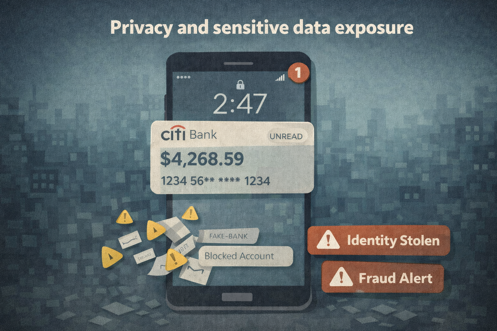 “Illustration highlighting privacy and sensitive data exposure, showing a smartphone with a bank balance notification, partial card details, and surrounding warnings for identity theft, fraud alerts, and blocked accounts.”