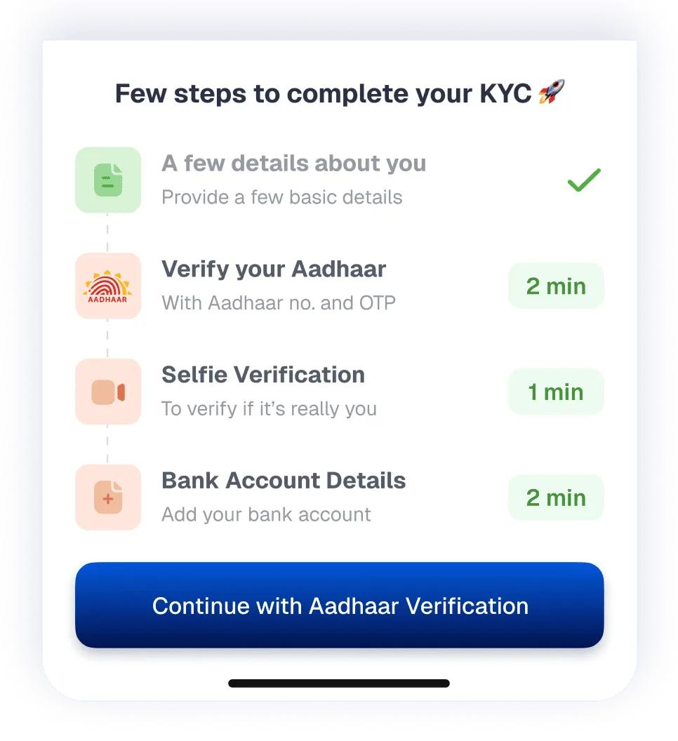 Multi-step mobile onboarding flow showing user progress through verification stages.