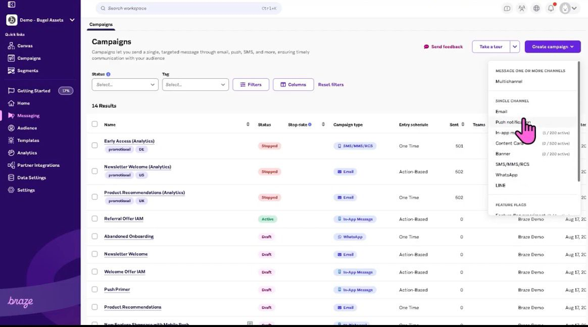 Braze dashboard showing multichannel campaign creation with email, push, and in-app messaging options