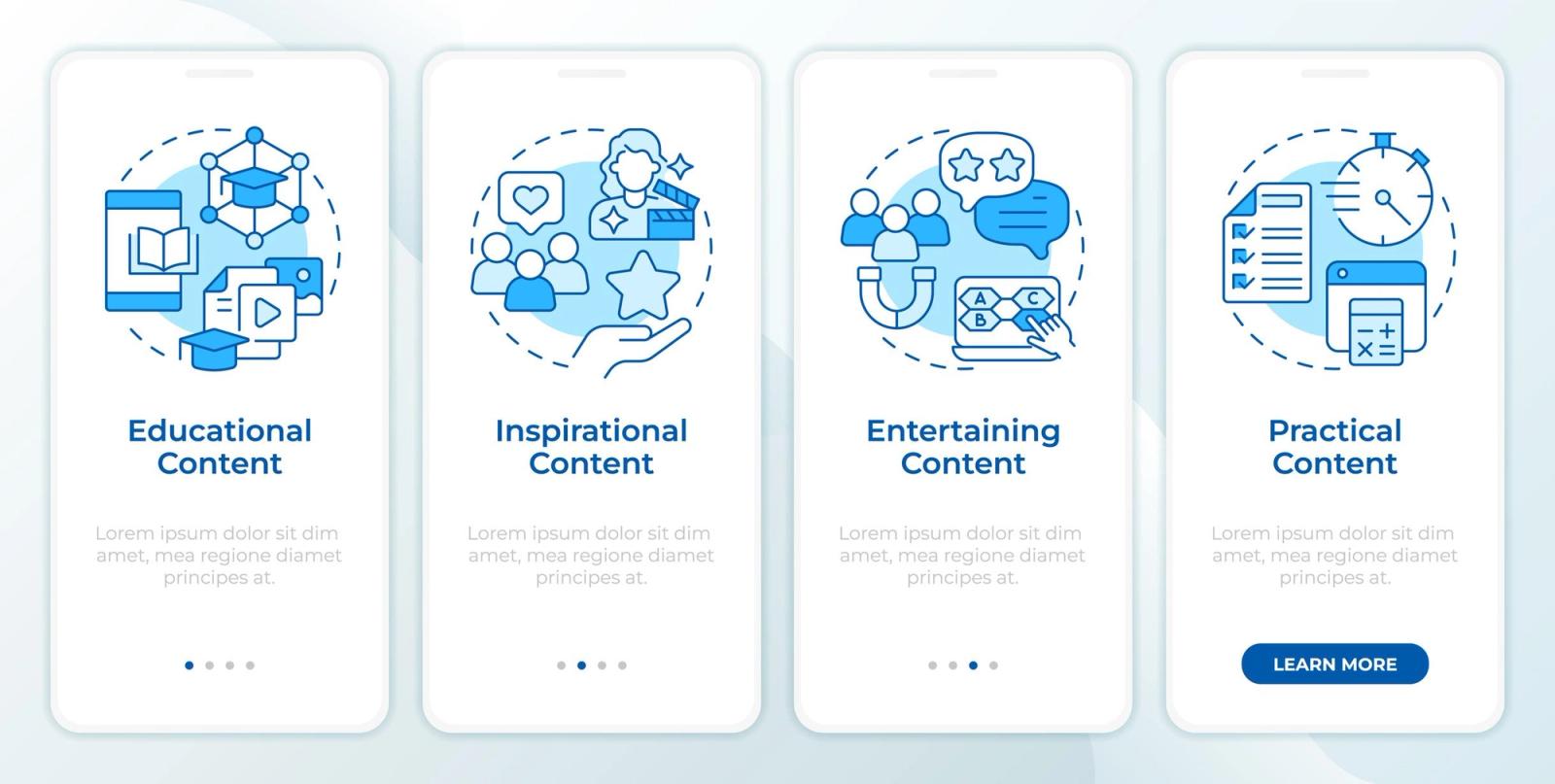 Four smartphone screens showing blue icons for Educational, Inspirational, Entertaining, and Practical Content. Text includes "Learn More."