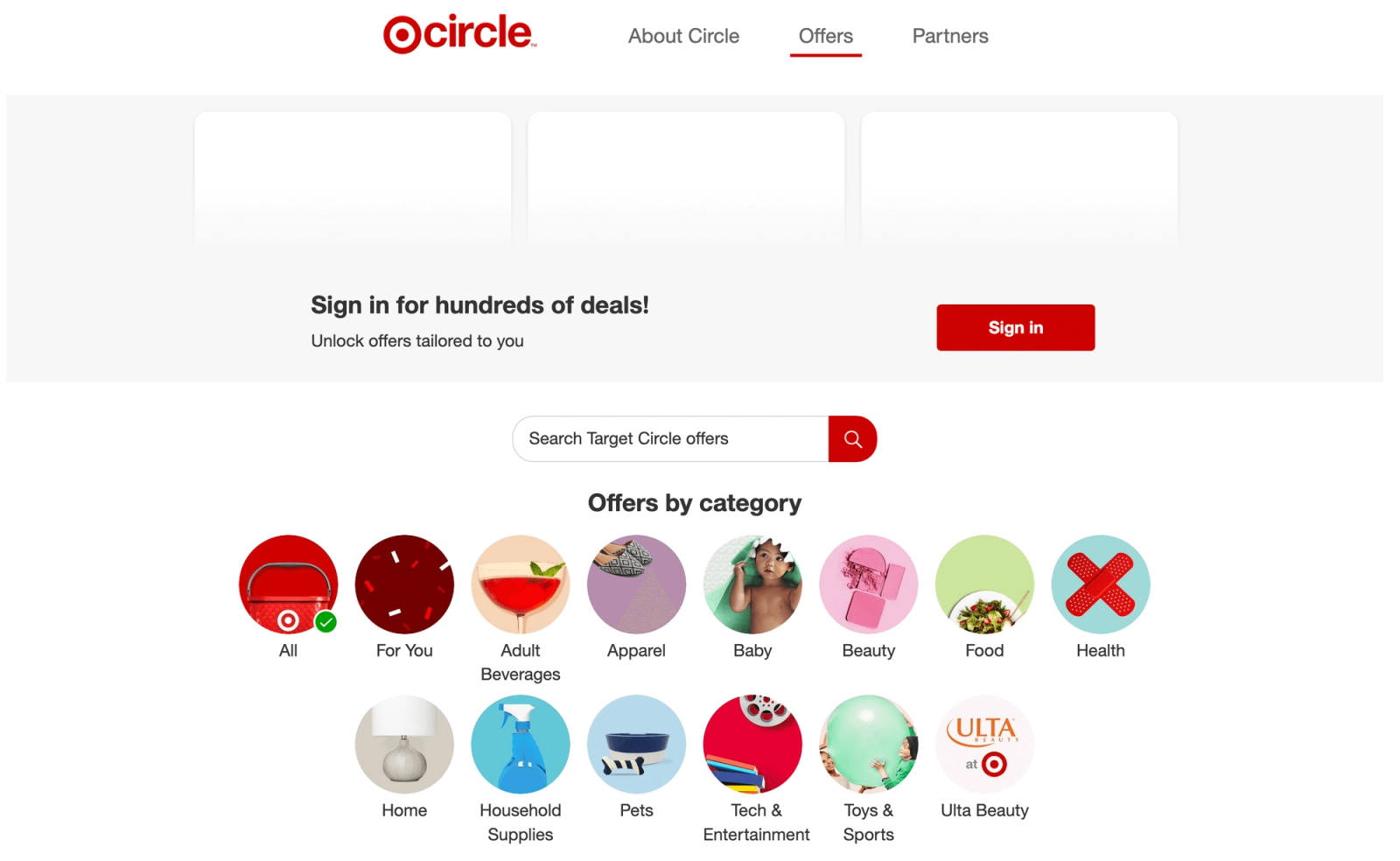 “Target Circle offers page showing sign-in prompt, search bar, and a grid of offer categories such as groceries, apparel, beauty, household supplies, pets, tech, and toys.”