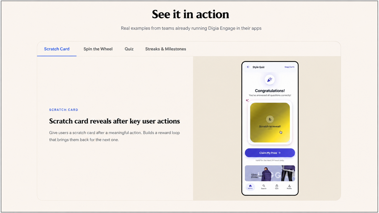 Digia Engage gamification examples showing a Scratch Card experience triggered after a key user action, with tabs for Spin the Wheel, Quiz, and Streaks & Milestones. The mobile screen shows a reward scratch card with a “Claim My Prize” button.