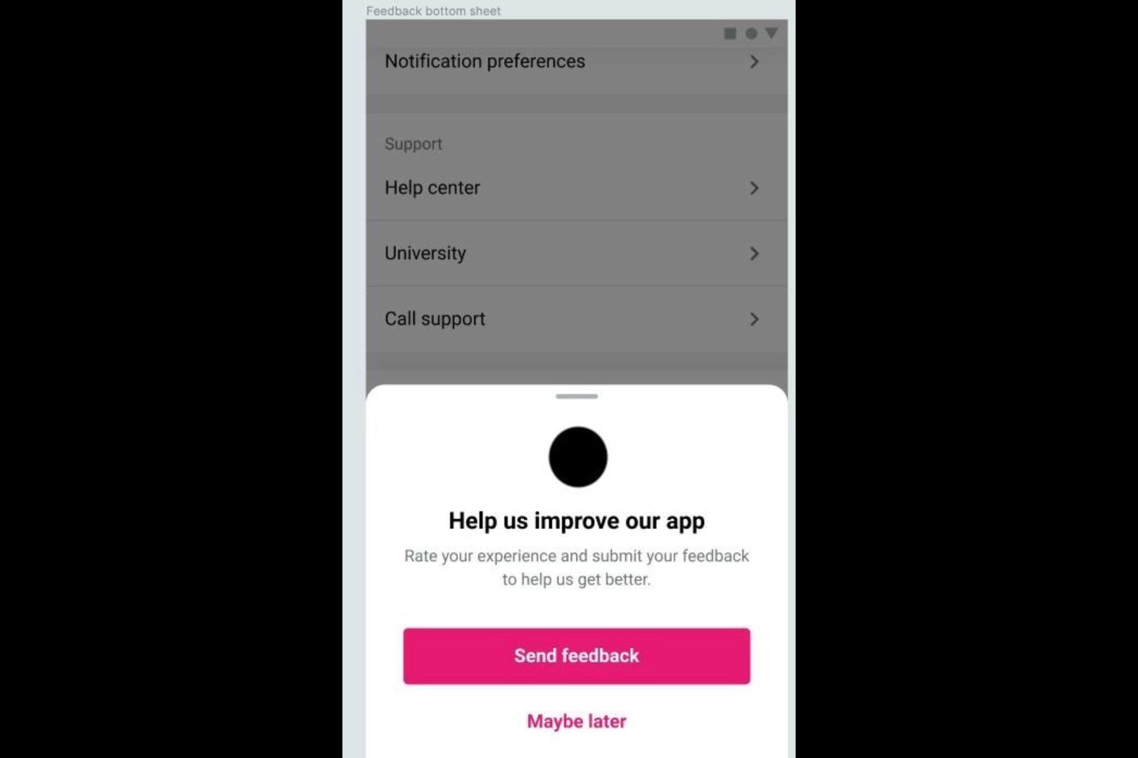 Mobile app displaying a bottom-anchored in-app satisfaction survey with emoji rating options and a dismiss button, allowing users to continue using the app with minimal interruption.